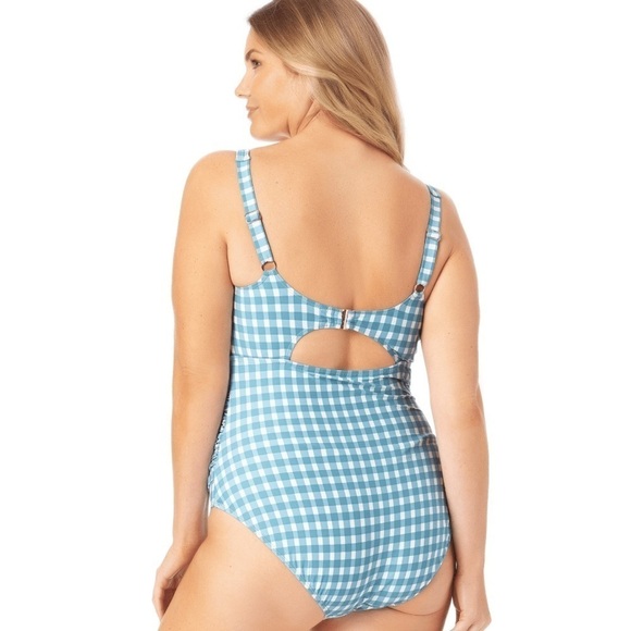 Anne Cole GINGHAM BLUE WHITE Plus Size Checked Shirred One-Piece Swimsuit 18W - Picture 2 of 8